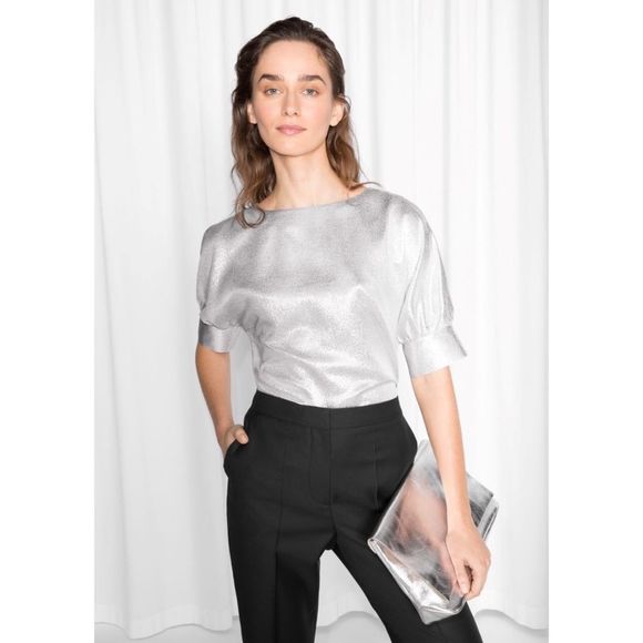 Anthropologie & Other Stories silver lamé short sleeve puff sleeve top size 4 - Picture 1 of 16